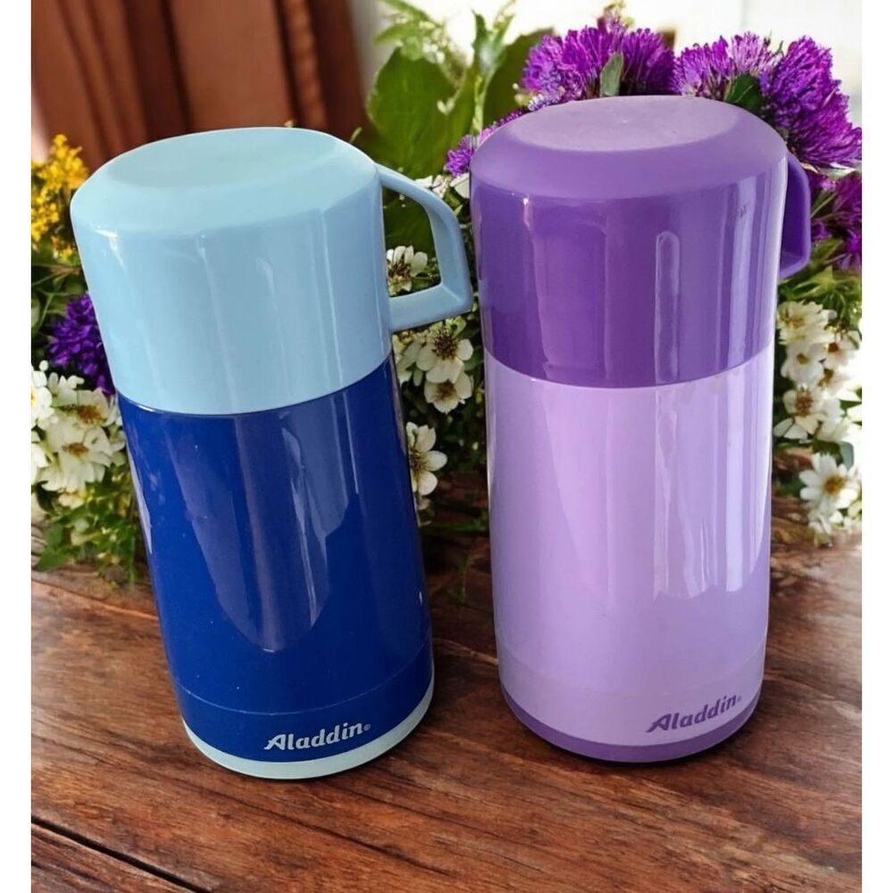 Vintage set of 2 Aladdin 8 oz Thermos! Blue & purple Removable cup & stopper